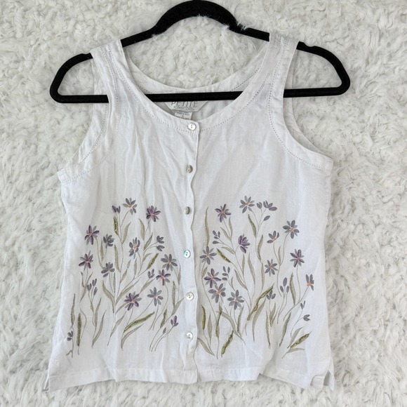 Petite Sophisticate Tops - Petite Sophisticate White Linen Floral Embrodiered Tank Top Size‎ 4 Cottagecore